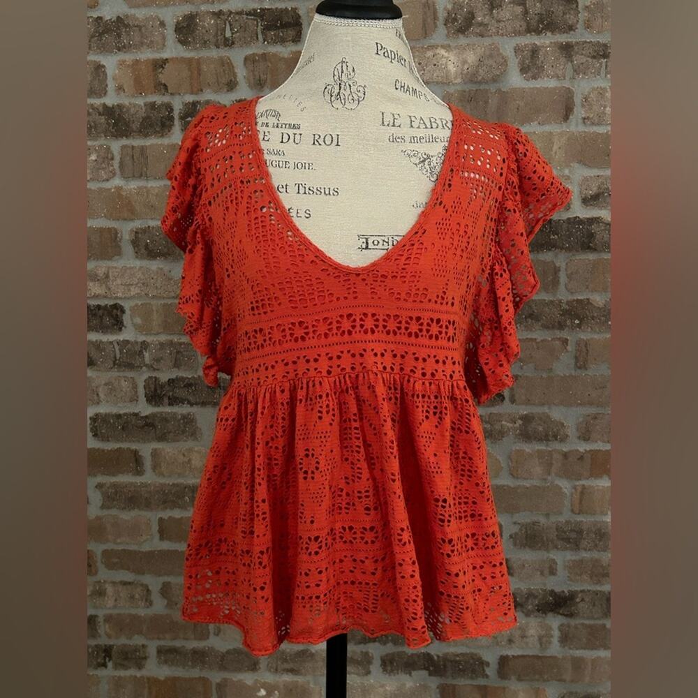 Free people beach red orange eyelet ruffle top shirt cover up sz M see through
